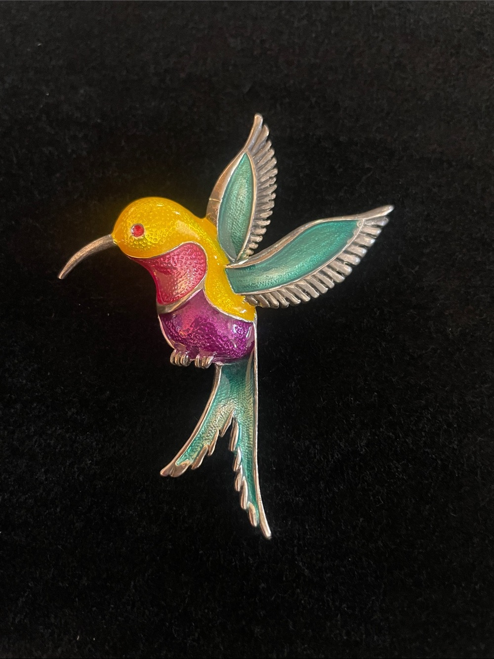 VINTAGE GORGEOUS Colorful Hummingbird Enamel Pin - Teal, Yellow & Purple!